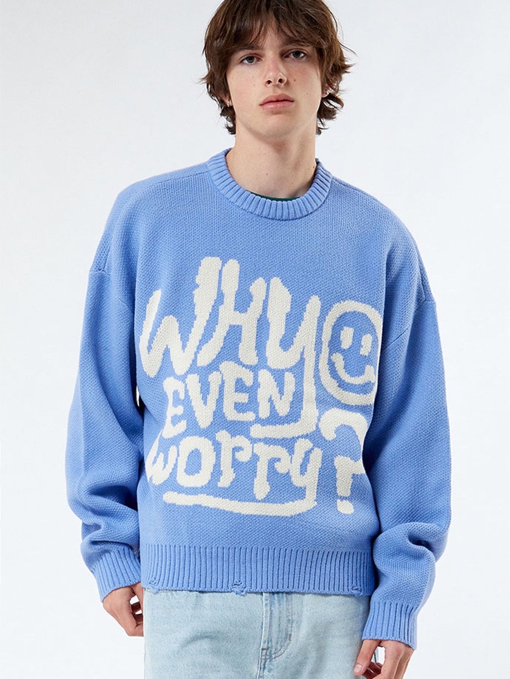 PacSun Light Blue 'Why Even Worry?' Graphic Crewneck Sweater